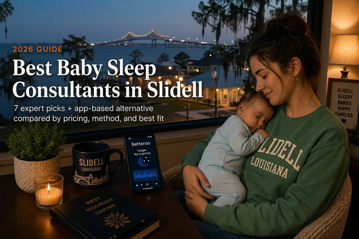 Mother and sleeping baby by a window over Lake Pontchartrain, baby sleep consultants in Slidell guide