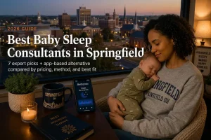 Top 7 Best Baby Sleep Consultants in Springfield Oh 2026 | Betteroo Mother rocking a sleeping baby near Wittenberg University's campus at dusk, guide to baby sleep consultants in Springfield