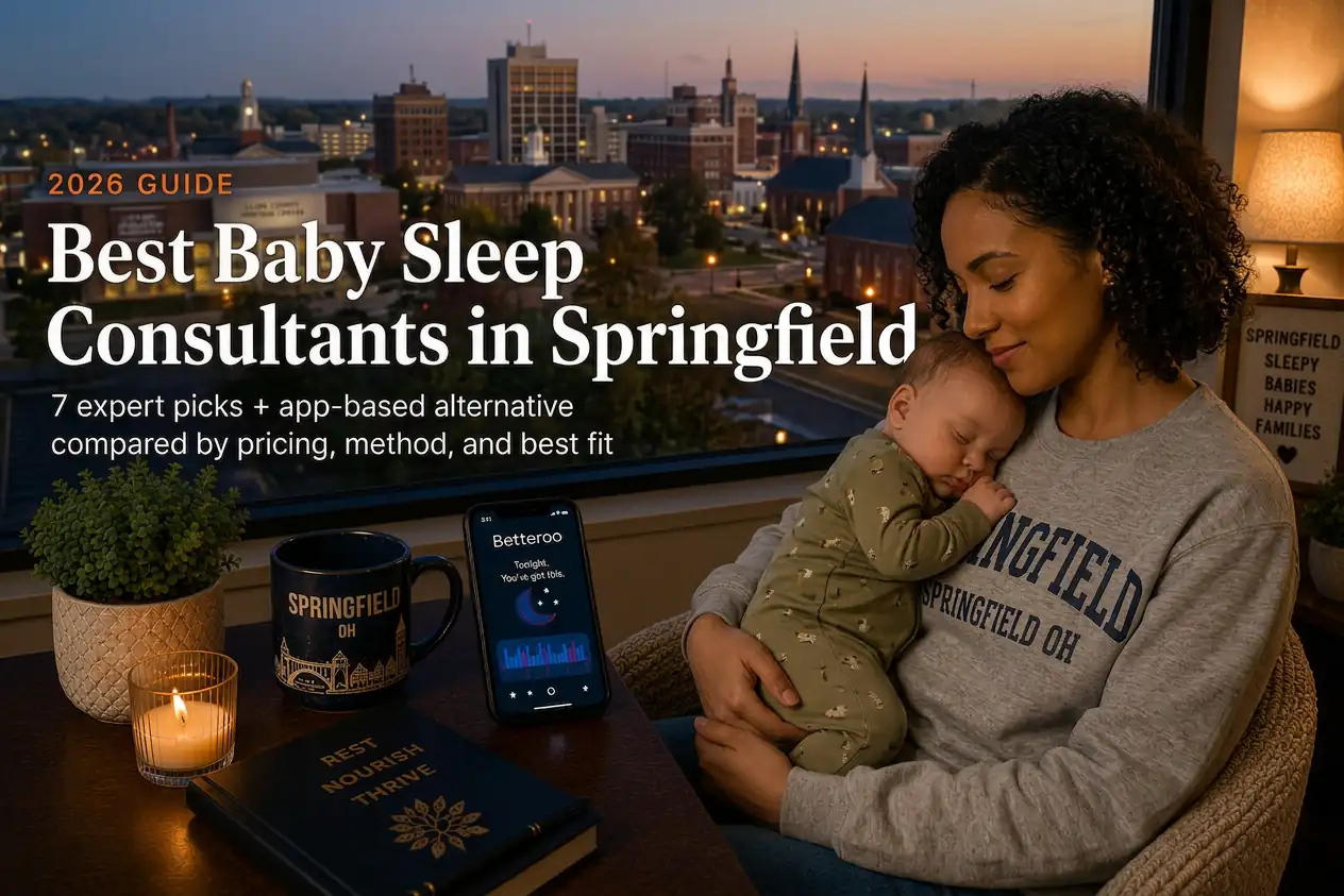 Mother rocking a sleeping baby near Wittenberg University's campus at dusk, guide to baby sleep consultants in Springfield