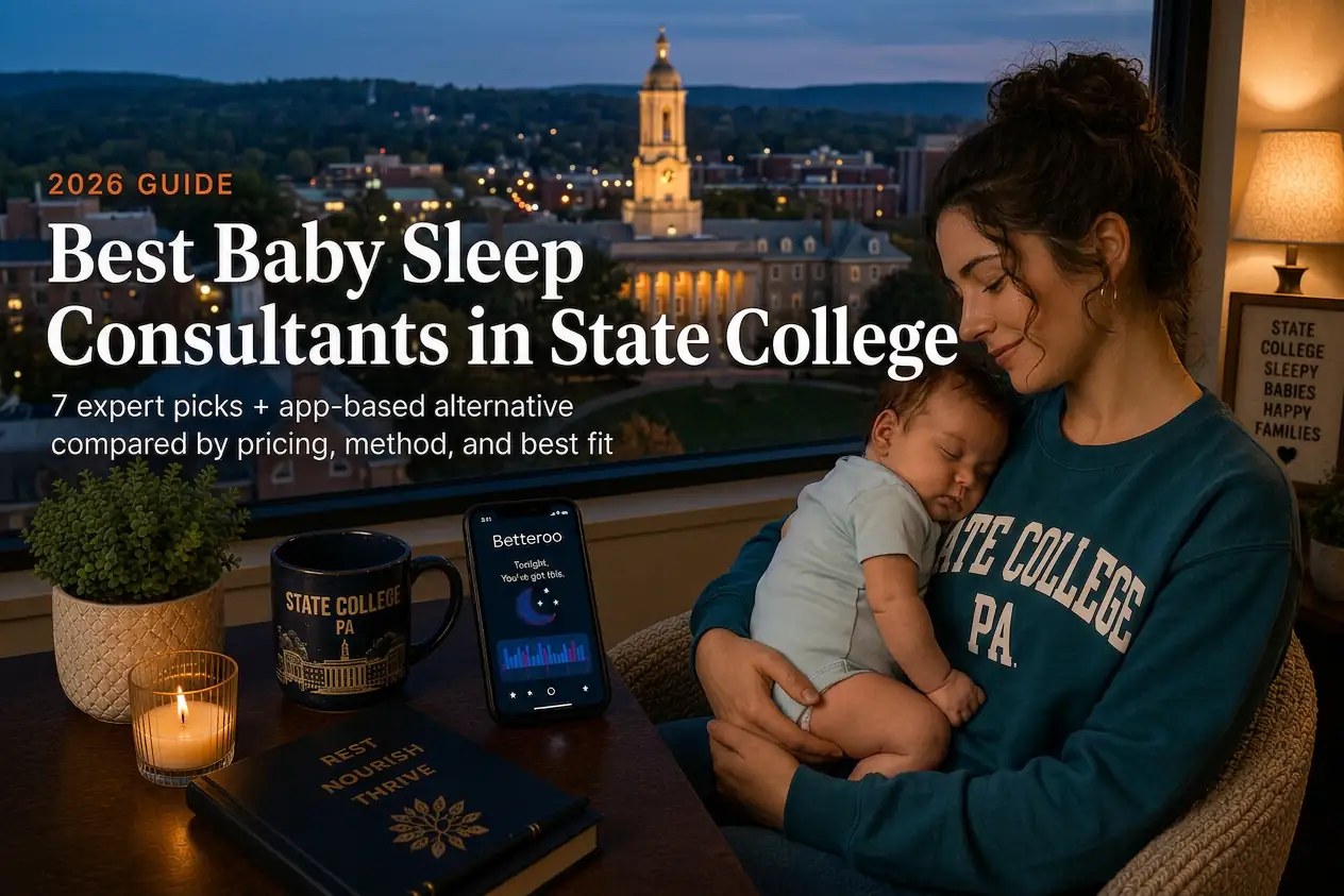 Mother holding a sleeping baby by a window overlooking the State College skyline at dusk, guide to baby sleep consultants in State College