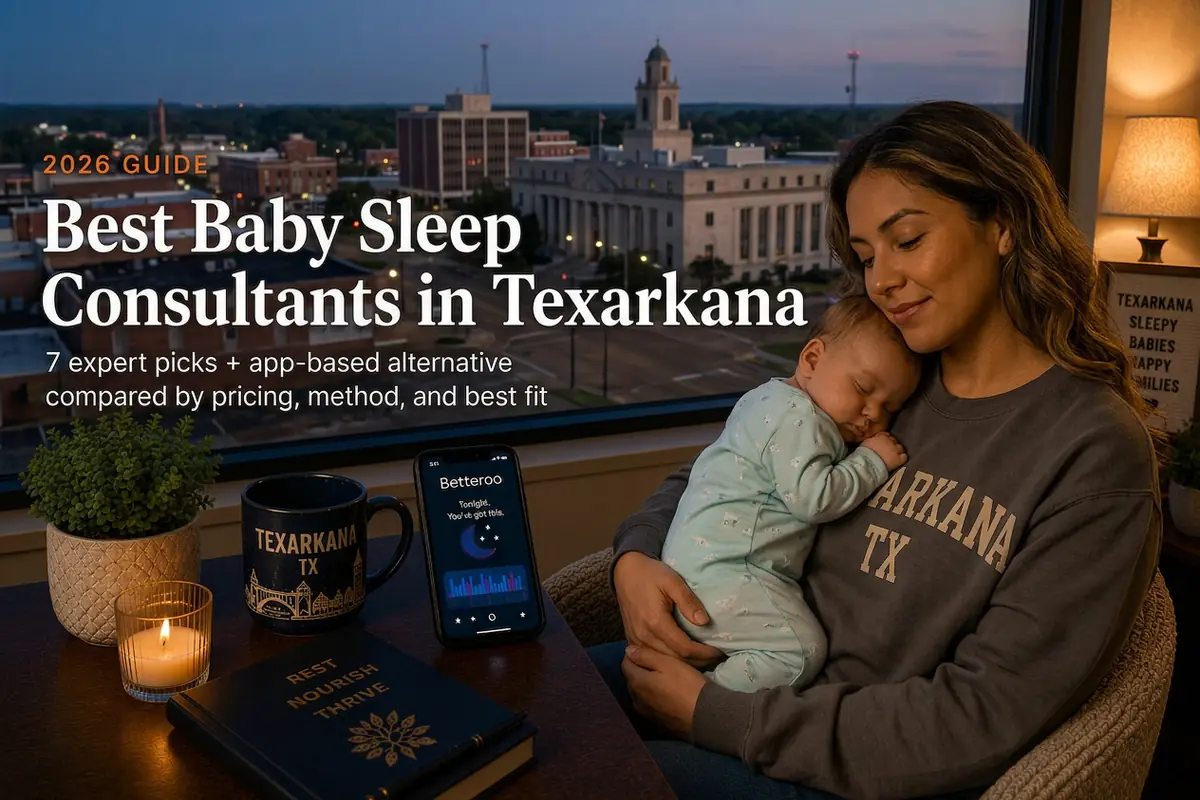 Mother cradling a sleeping baby at dusk above downtown Texarkana, a guide to baby sleep consultants in Texarkana