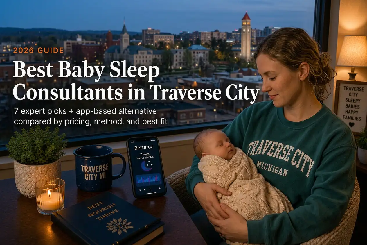 Top 7 Best Baby Sleep Consultants in Traverse City Mi 2026 | Betteroo Mother holding a sleeping baby above Grand Traverse Bay at dusk, baby sleep consultants in Traverse City