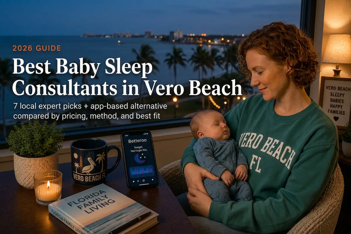 Mother holding a sleeping baby beside a window overlooking palms and the Indian River Lagoon, guide to baby sleep consultants in Vero Beach Florida