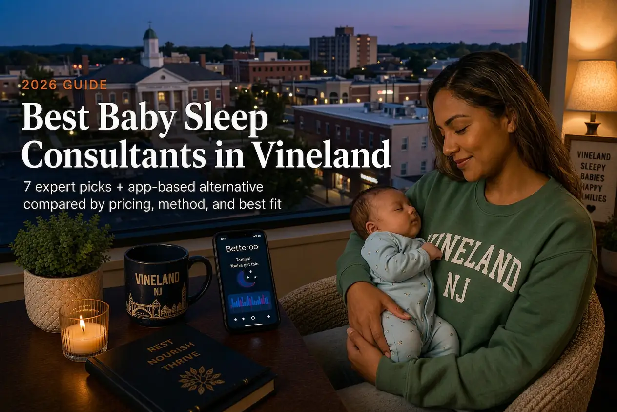 Mother holding a sleeping baby by a window overlooking the Vineland New Jersey skyline at dusk, guide to baby sleep consultants in Vineland
