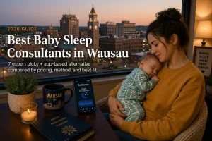 Mother rocking a sleeping baby near snowy Rib Mountain at dusk, guide to baby sleep consultants in Wausau