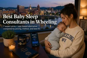 Mother rocking a sleeping baby near the Wheeling Suspension Bridge, guide to baby sleep consultants in Wheeling