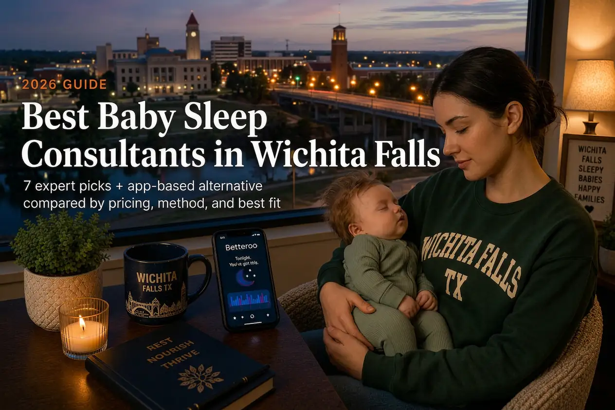 Mother holding a sleeping baby by a window overlooking the Wichita Falls Texas skyline at dusk, guide to baby sleep consultants in Wichita Falls