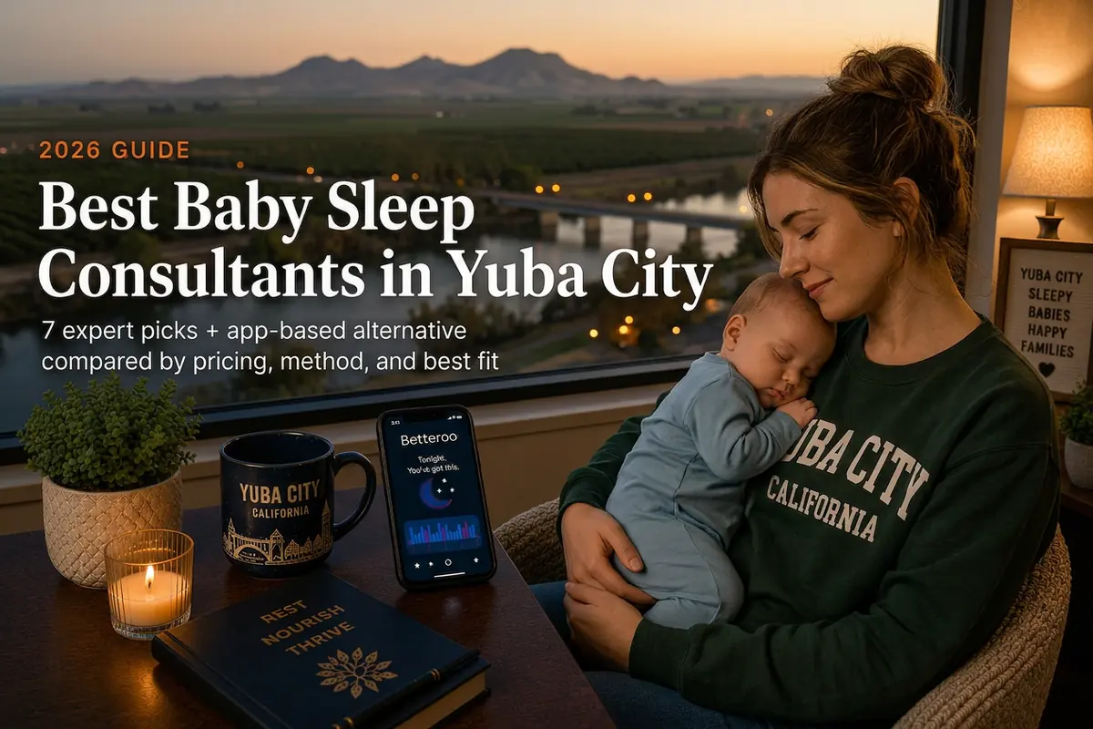 Mother and sleeping baby by a window over Yuba City orchards, baby sleep consultants in Yuba City