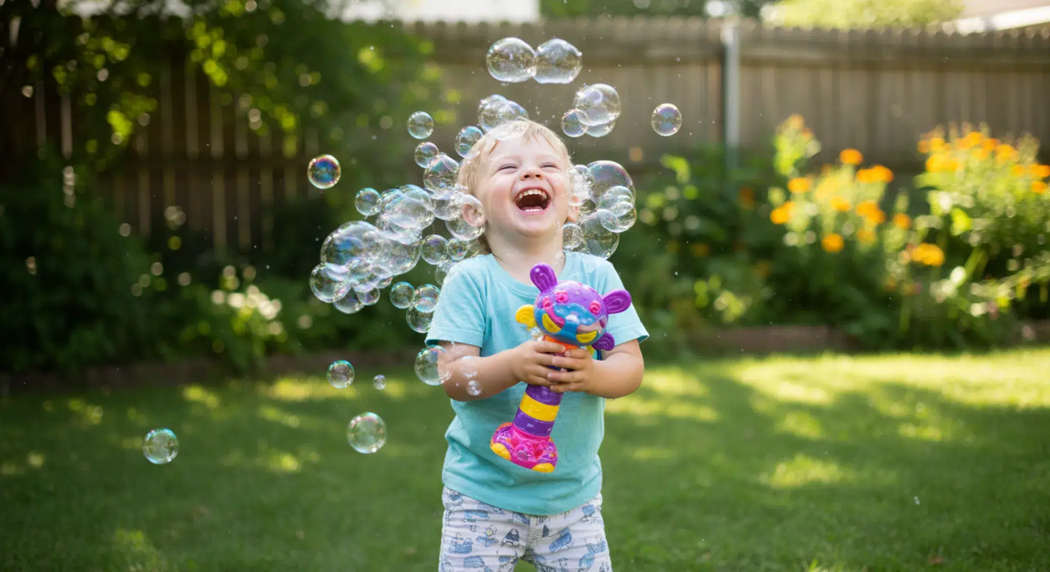 A laughing child playing with a bubble toy outdoors surrounded by floating bubbles in a sunny backyard
