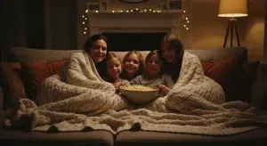 A family cuddled on the couch under a blanket with popcorn watching a family movie together