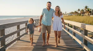 A young family with a toddler and older child walking toward the beach on a family vacation