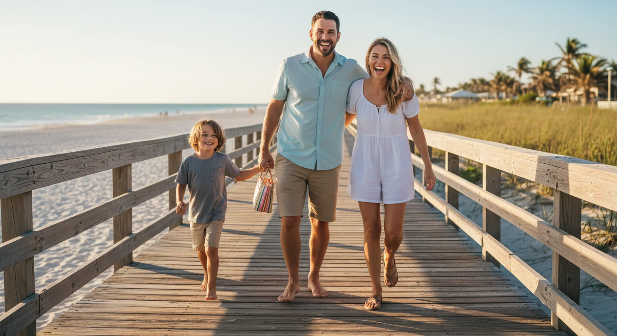A young family with a toddler and older child walking toward the beach on a family vacation