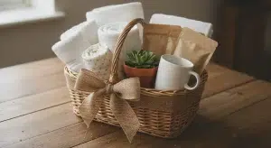 A thoughtful new-parent gift basket with soft blankets, a swaddle, snacks, and a mug
