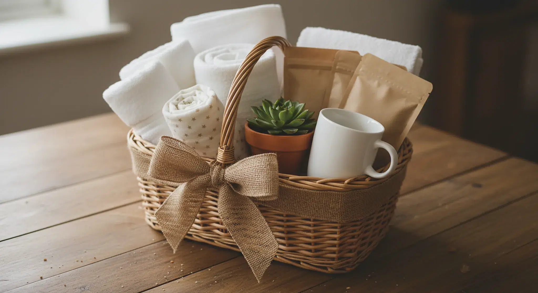A thoughtful new-parent gift basket with soft blankets, a swaddle, snacks, and a mug