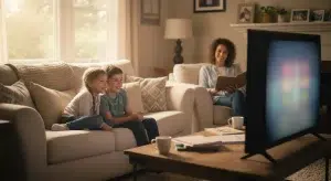Best Kids Tv Shows 25 Top Picks by Age 2026 Parent Guide | Betteroo Two children smile as they sit together on a beige sofa watching TV, while a woman lounges in a chair reading nearby in a cozy living room.