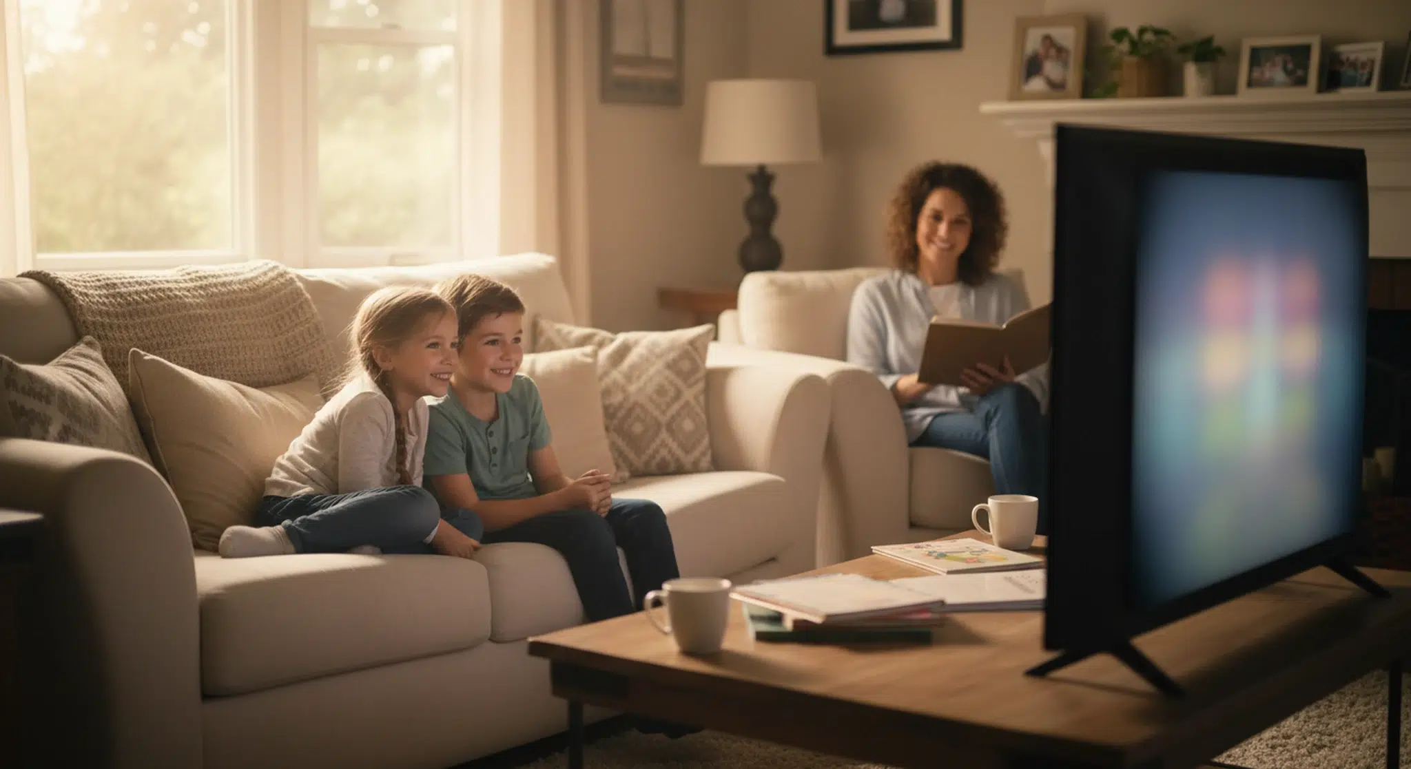 Two children smile as they sit together on a beige sofa watching TV, while a woman lounges in a chair reading nearby in a cozy living room.