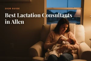 Mother feeding her baby at home in Allen at night, cover image for the Betteroo guide to the best lactation consultants in Allen in 2026