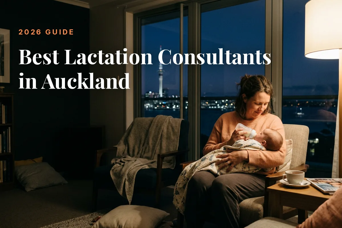 Mother feeding her baby at home in Auckland at night, cover image for the Betteroo guide to the best lactation consultants in Auckland in 2026