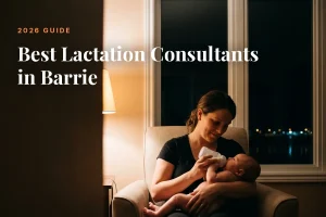 Mother feeding her baby at home in Barrie at night, cover image for the Betteroo guide to the best lactation consultants in Barrie in 2026