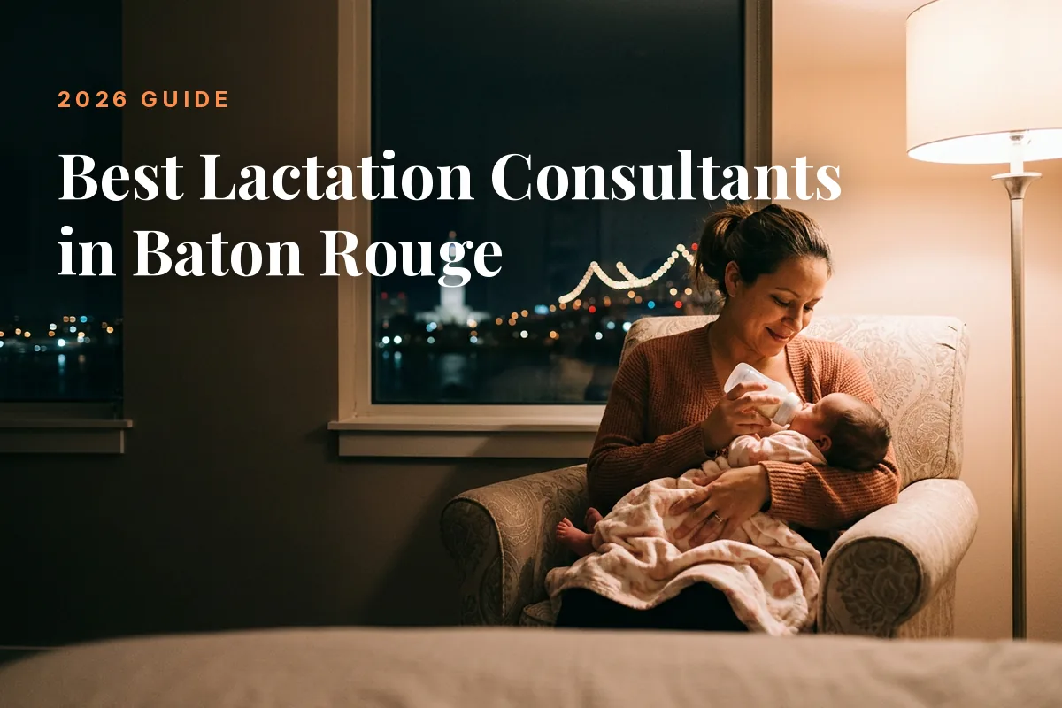 Mother feeding her baby at home in Baton Rouge at night, cover image for the Betteroo guide to the best lactation consultants in Baton Rouge in 2026