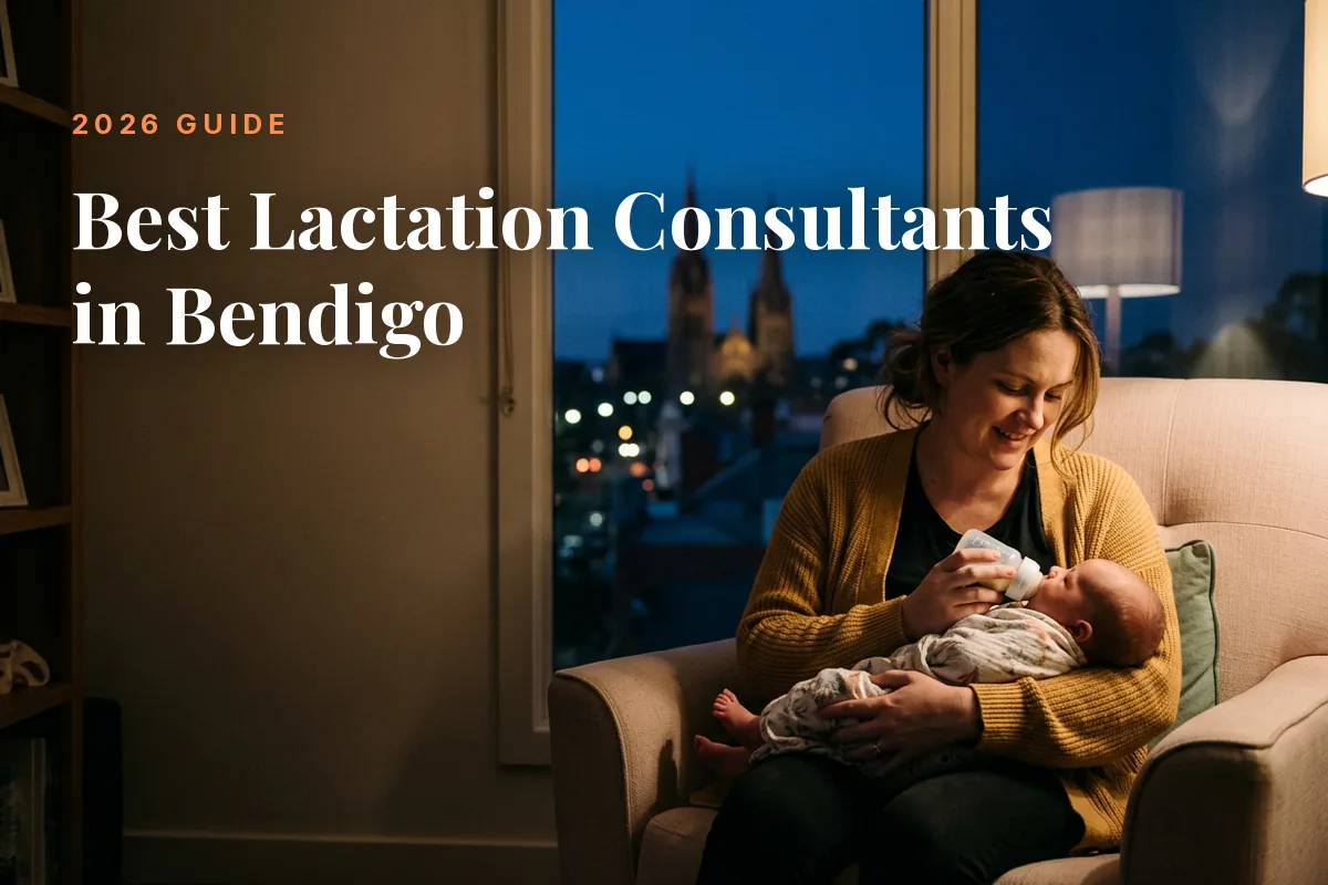 Mother feeding her baby at home in Bendigo at night, cover image for the Betteroo guide to the best lactation consultants in Bendigo in 2026