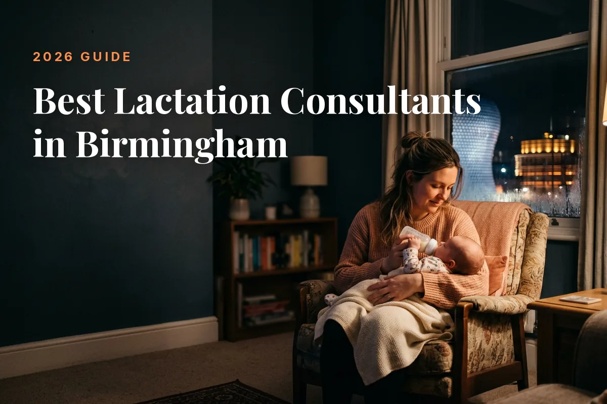 Mother feeding her baby at home in Birmingham at night, cover image for the Betteroo guide to the best lactation consultants in Birmingham in 2026