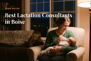 Mother feeding her baby at home in Boise at night, cover image for the Betteroo guide to the best lactation consultants in Boise in 2026