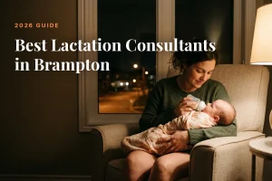 Mother feeding her baby at home in Brampton at night, cover image for the Betteroo guide to the best lactation consultants in Brampton in 2026