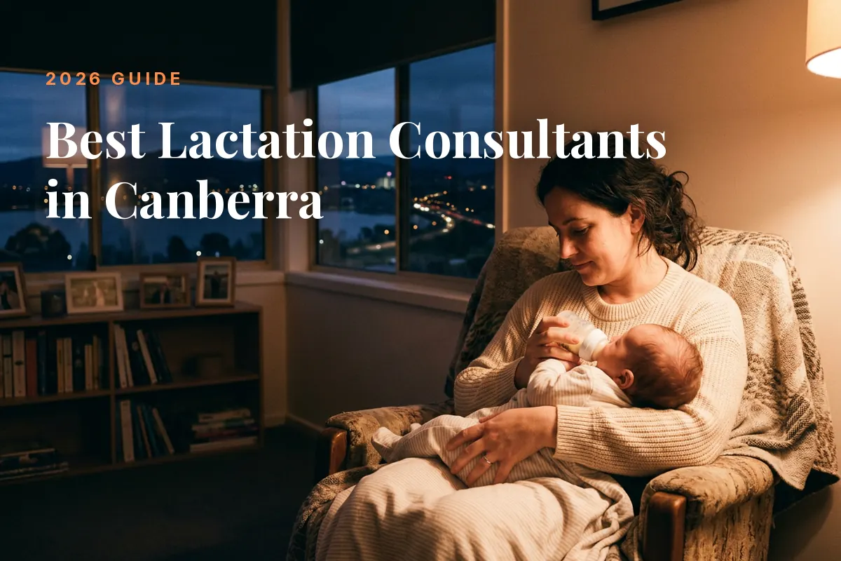 Mother feeding her baby at home in Canberra at night, cover image for the Betteroo guide to the best lactation consultants in Canberra in 2026