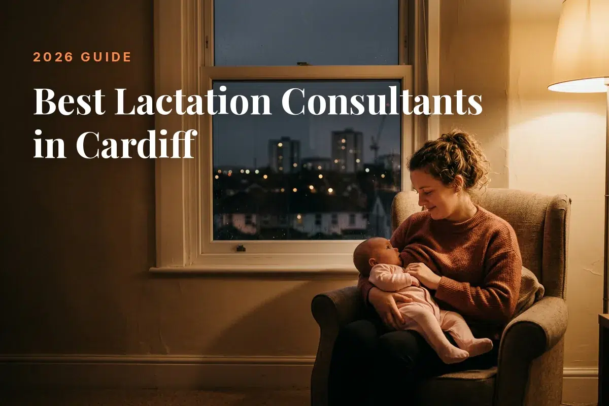 Mother feeding her baby at home in Cardiff at night, cover image for the Betteroo guide to the best lactation consultants in Cardiff in 2026