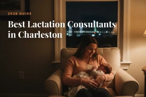 Mother feeding her baby at home in Charleston at night, cover image for the Betteroo guide to the best lactation consultants in Charleston in 2026