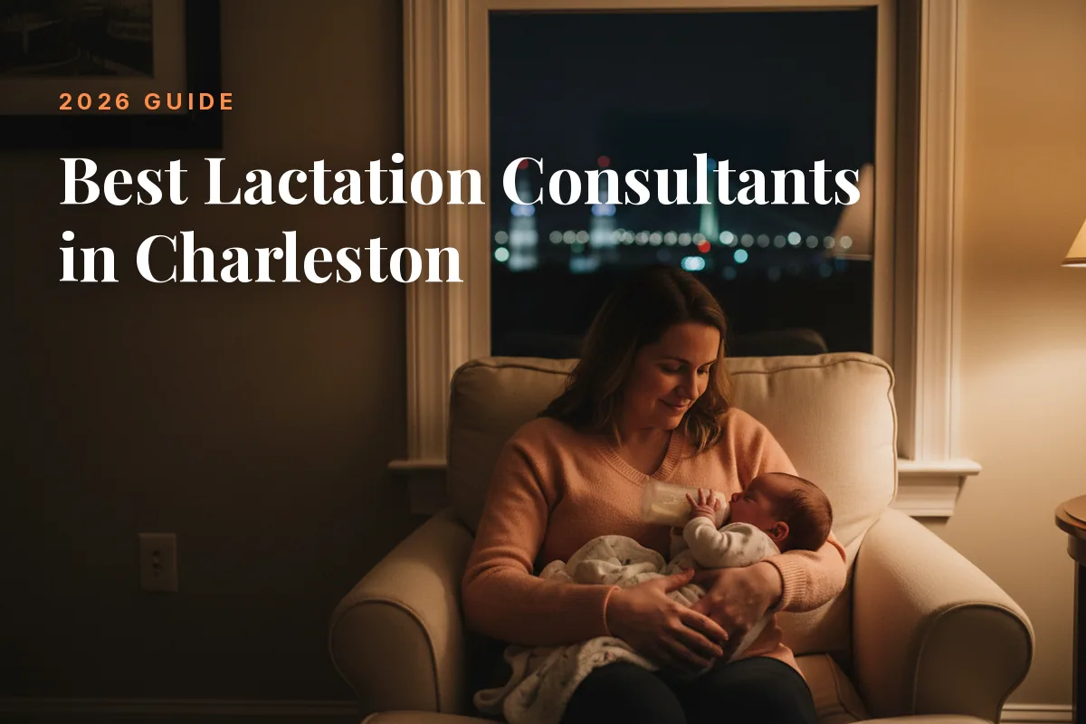 Mother feeding her baby at home in Charleston at night, cover image for the Betteroo guide to the best lactation consultants in Charleston in 2026