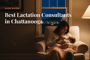 Mother feeding her baby at home in Chattanooga at night, cover image for the Betteroo guide to the best lactation consultants in Chattanooga in 2026