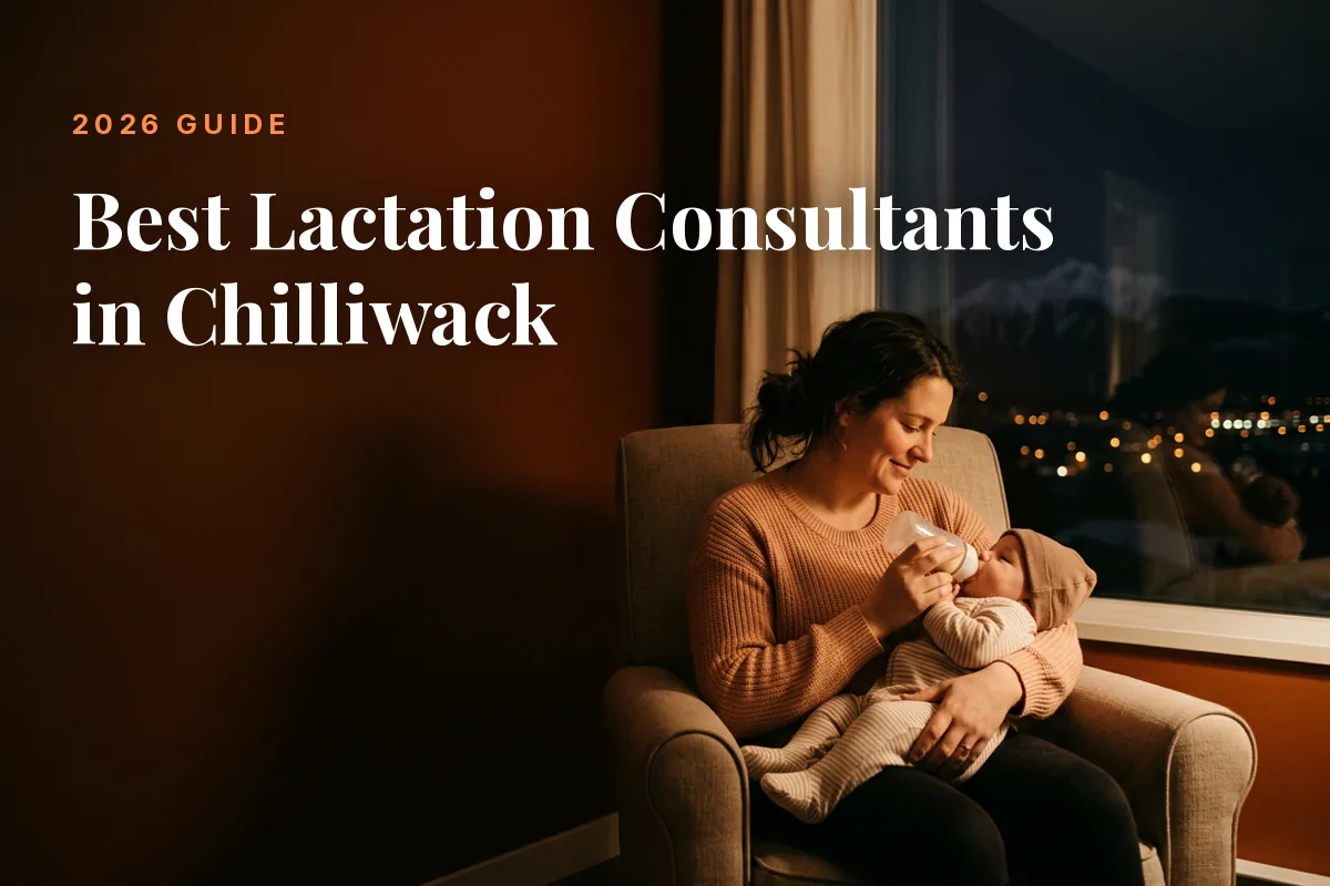 Mother feeding her baby at home in Chilliwack at night, cover image for the Betteroo guide to the best lactation consultants in Chilliwack in 2026