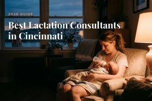Best lactation consultants in Cincinnati: mother feeding her baby at home in the evening