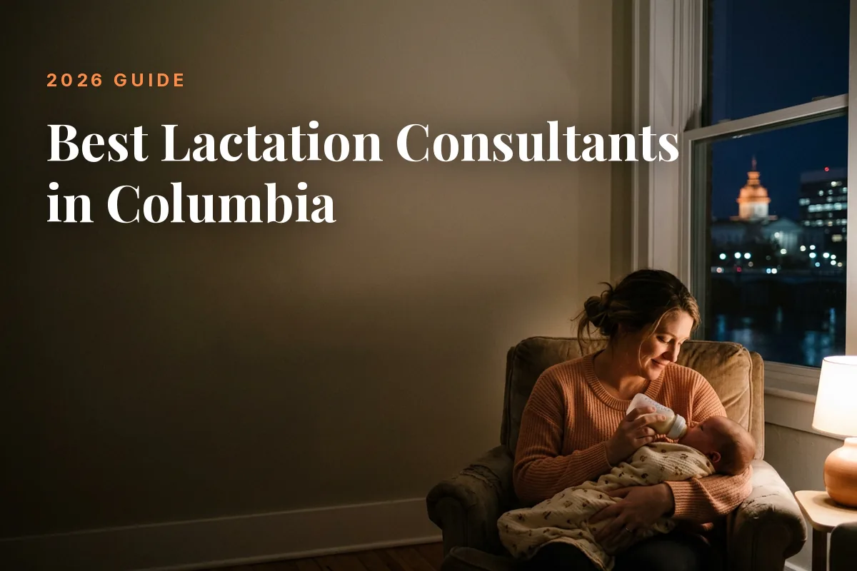 Mother feeding her baby at home in Columbia at night, cover image for the Betteroo guide to the best lactation consultants in Columbia in 2026