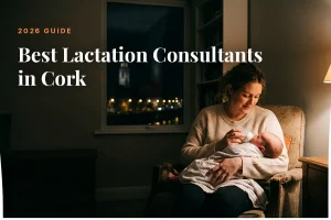 Mother feeding her baby at home in the evening in Cork, illustrating a guide to the best lactation consultants in Cork