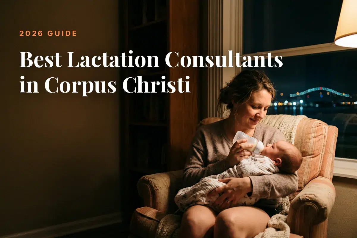 Mother feeding her baby at home in Corpus Christi at night, cover image for the Betteroo guide to the best lactation consultants in Corpus Christi in 2026