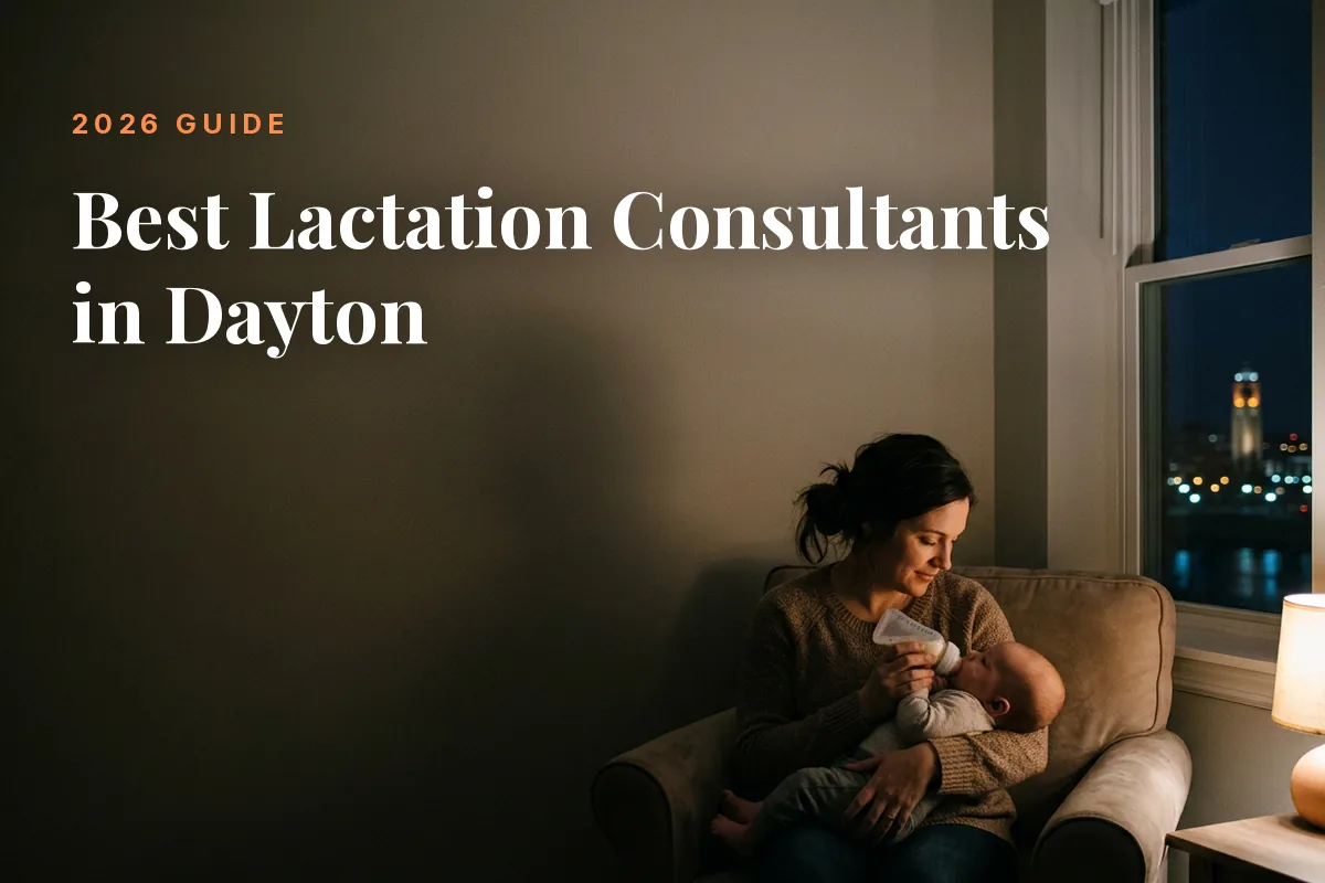 Mother feeding her baby at home in Dayton at night, cover image for the Betteroo guide to the best lactation consultants in Dayton in 2026