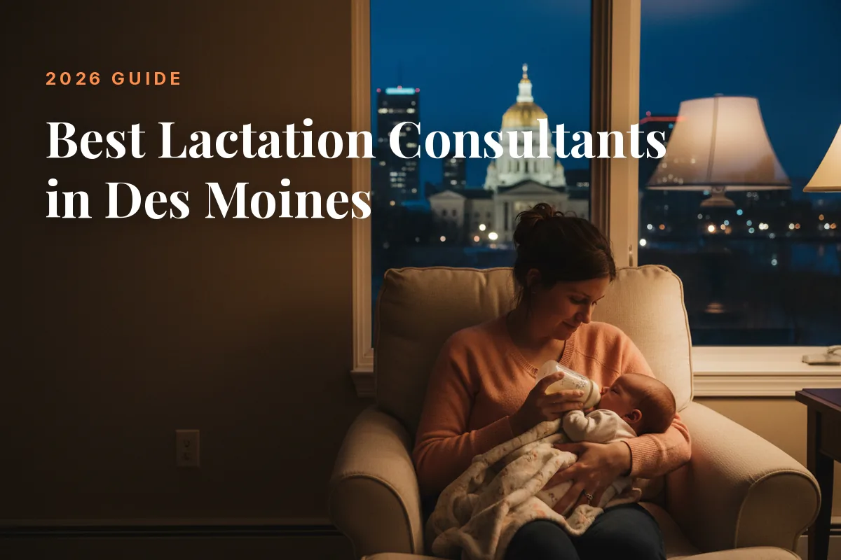 Mother feeding her baby at home in Des Moines at night, cover image for the Betteroo guide to the best lactation consultants in Des Moines in 2026