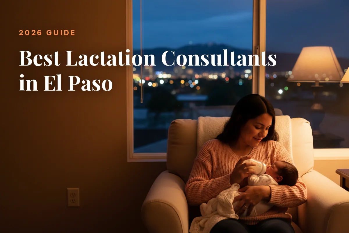 Mother feeding her baby at home in El Paso at night, cover image for the Betteroo guide to the best lactation consultants in El Paso in 2026