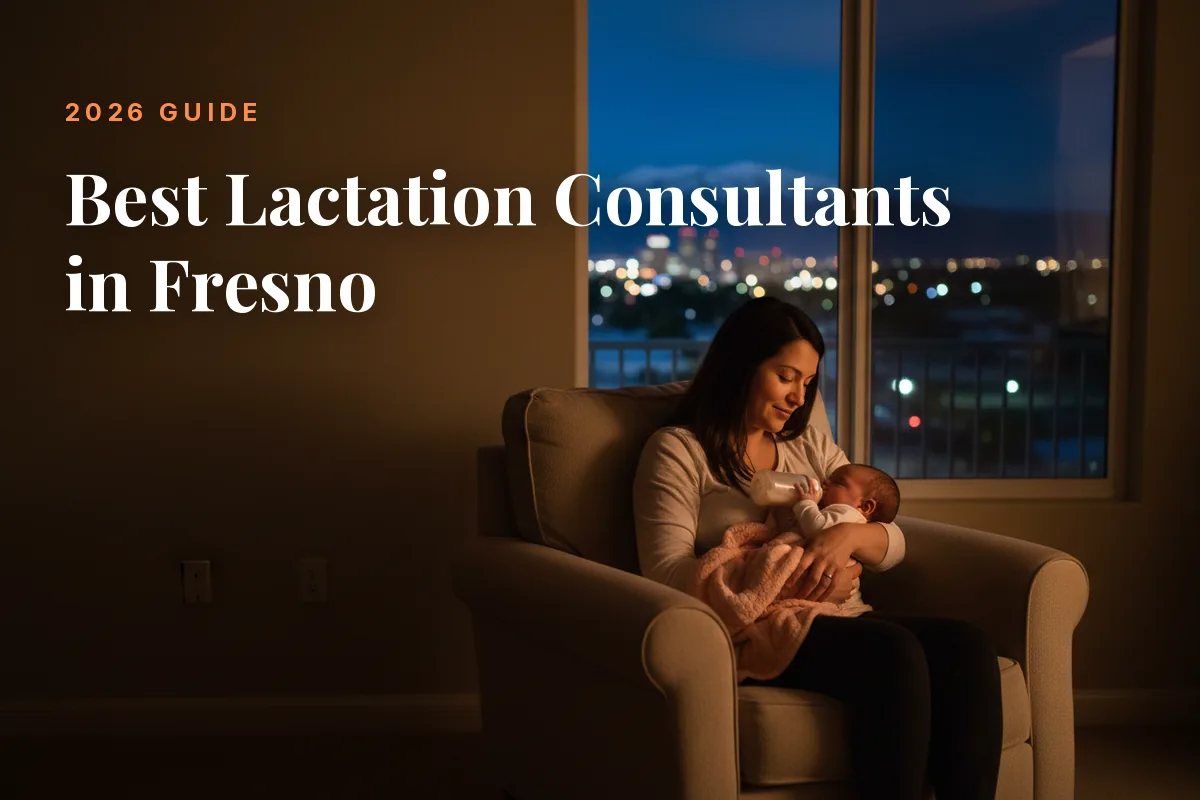Mother feeding her baby at home in Fresno at night, cover image for the Betteroo guide to the best lactation consultants in Fresno in 2026