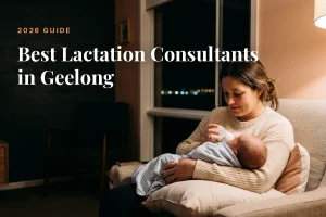 Mother feeding her baby at home in Geelong at night, cover image for the Betteroo guide to the best lactation consultants in Geelong in 2026