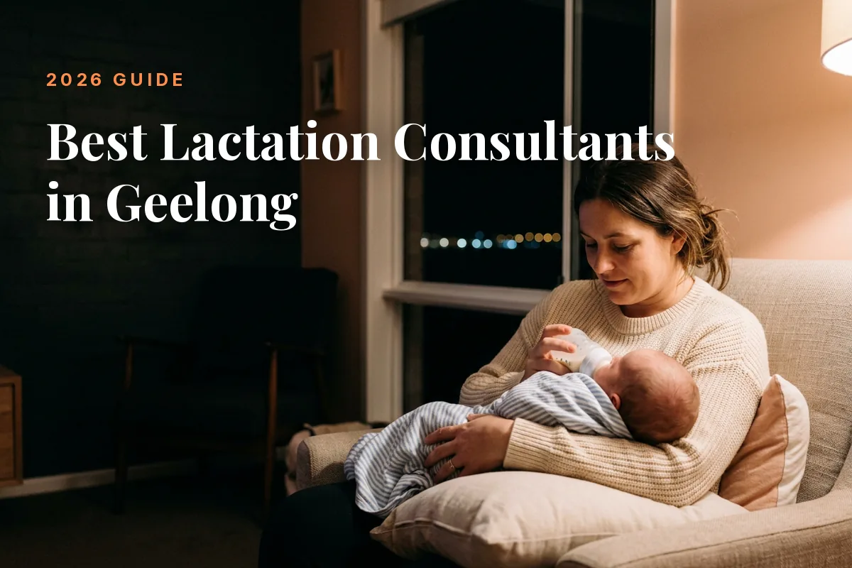 Mother feeding her baby at home in Geelong at night, cover image for the Betteroo guide to the best lactation consultants in Geelong in 2026