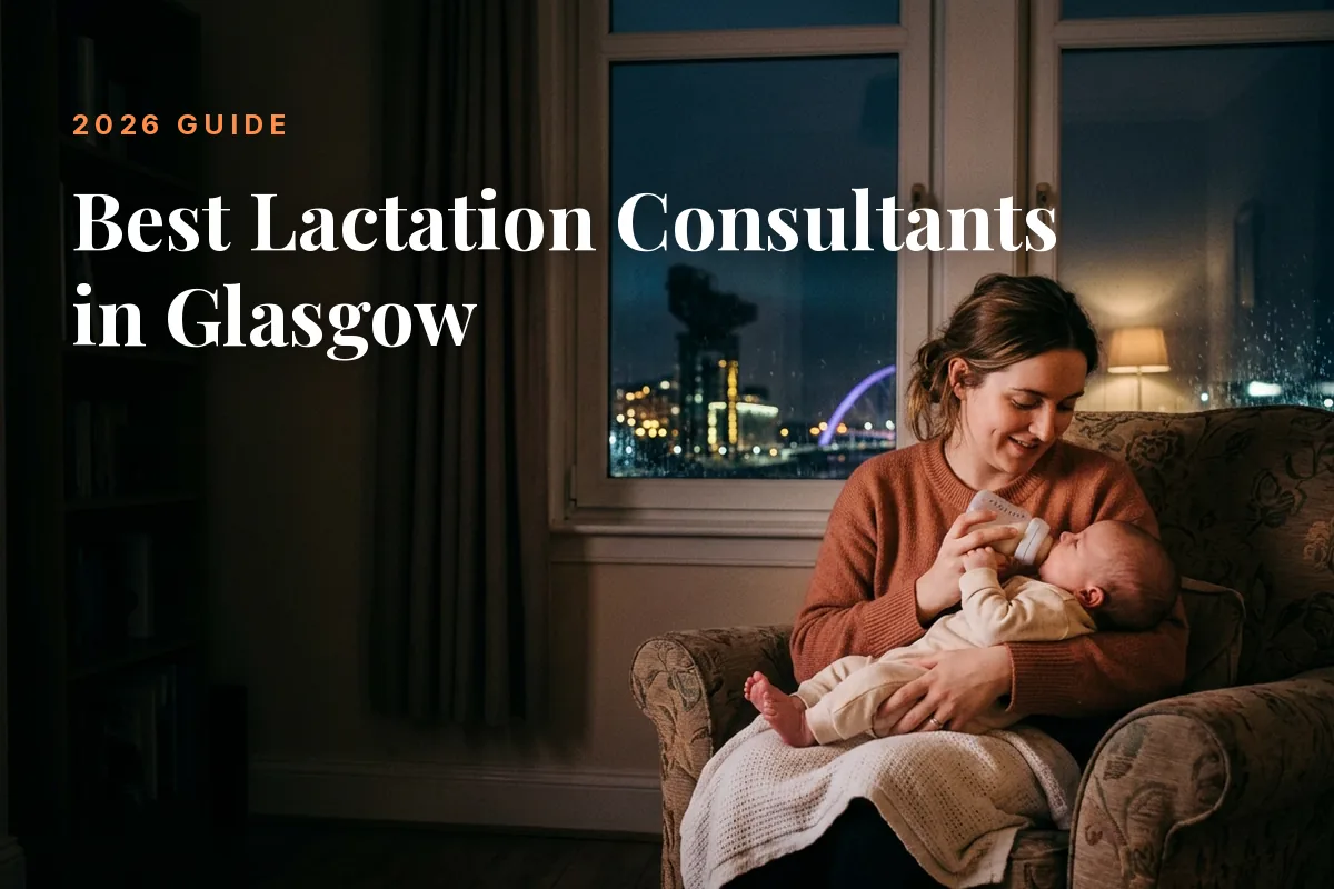 Mother feeding her baby at home in the evening in Glasgow, illustrating a guide to the best lactation consultants in Glasgow
