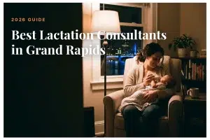 Mother feeding her baby at home in the evening in Grand Rapids, illustrating a guide to the best lactation consultants in Grand Rapids