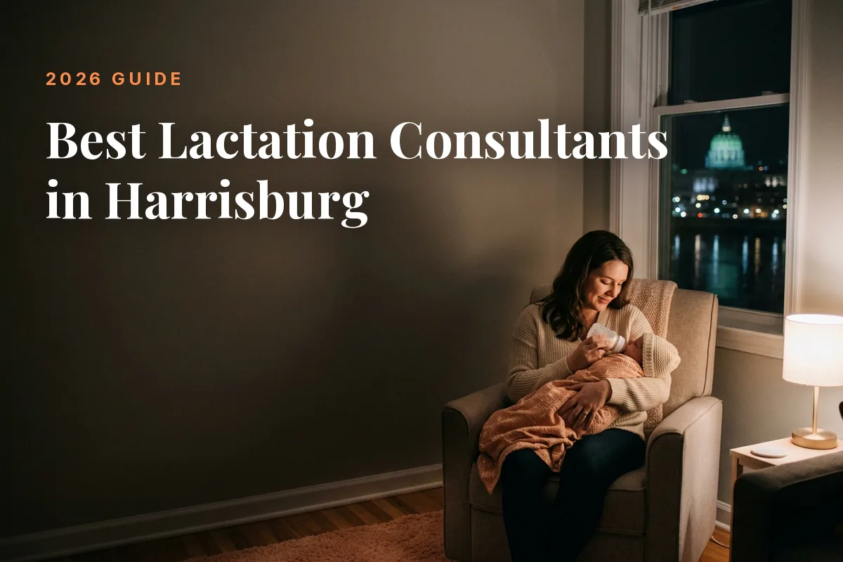 Mother feeding her baby at home in Harrisburg at night, cover image for the Betteroo guide to the best lactation consultants in Harrisburg in 2026