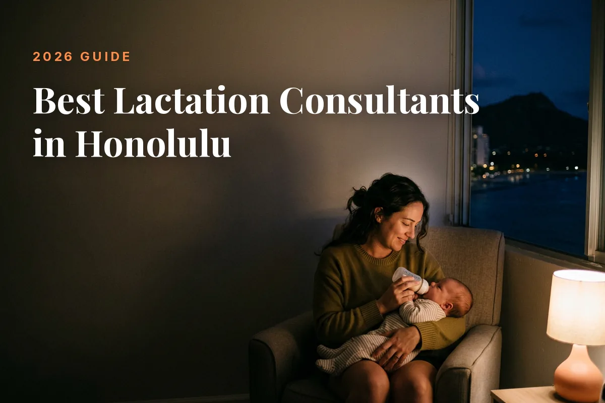 Mother feeding her baby at home in Honolulu at night, cover image for the Betteroo guide to the best lactation consultants in Honolulu in 2026