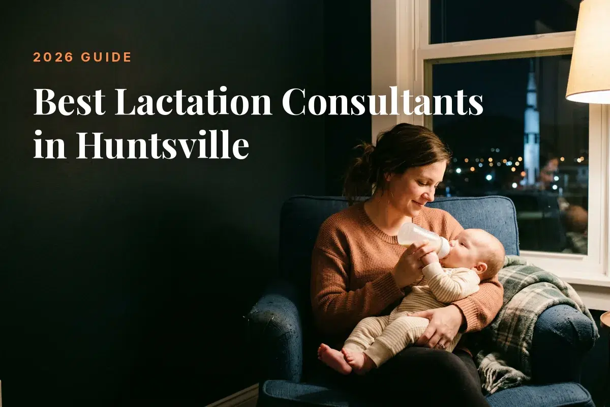 Mother feeding her baby at home in Huntsville at night, cover image for the Betteroo guide to the best lactation consultants in Huntsville in 2026