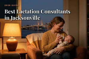 Best lactation consultants in Jacksonville guide cover: mother bottle feeding her baby in a warm evening living room with the Jacksonville skyline through the window